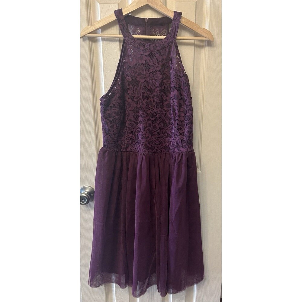 Zapaka Purple Halter Lace Floral‎ Mini Dress Lined Zipper Size XL Party Formal